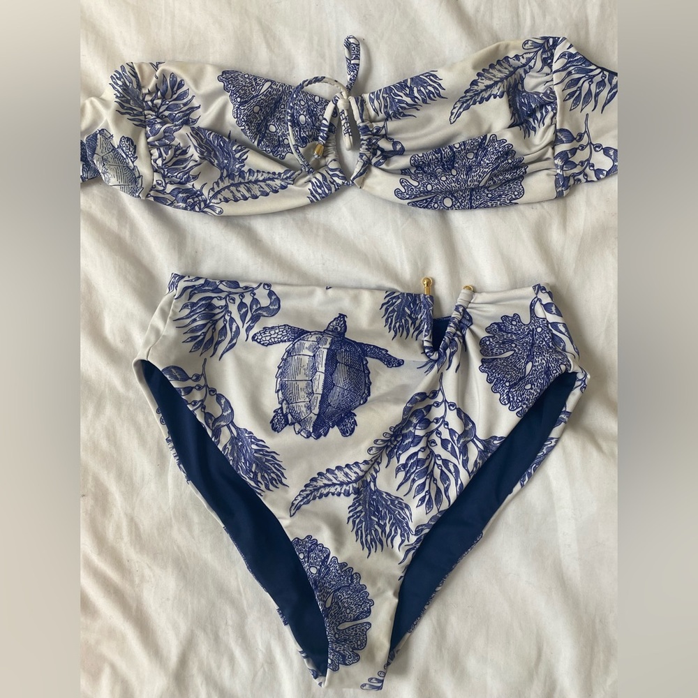 LA RUE DESIGNER BIKINI High Waist Delft pattern white/blue